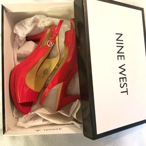 Nine West red patent peekaboo strappy heels